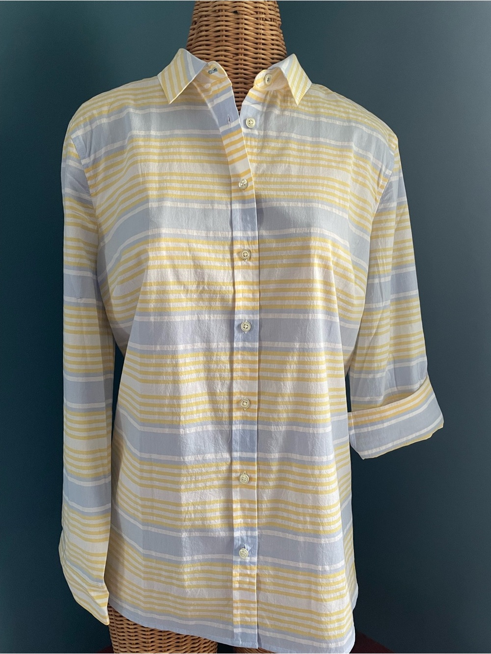 Talbots NWT Classic Summery Shirt 100% Lightweight Cotton Blue Yellow Stripe PXL